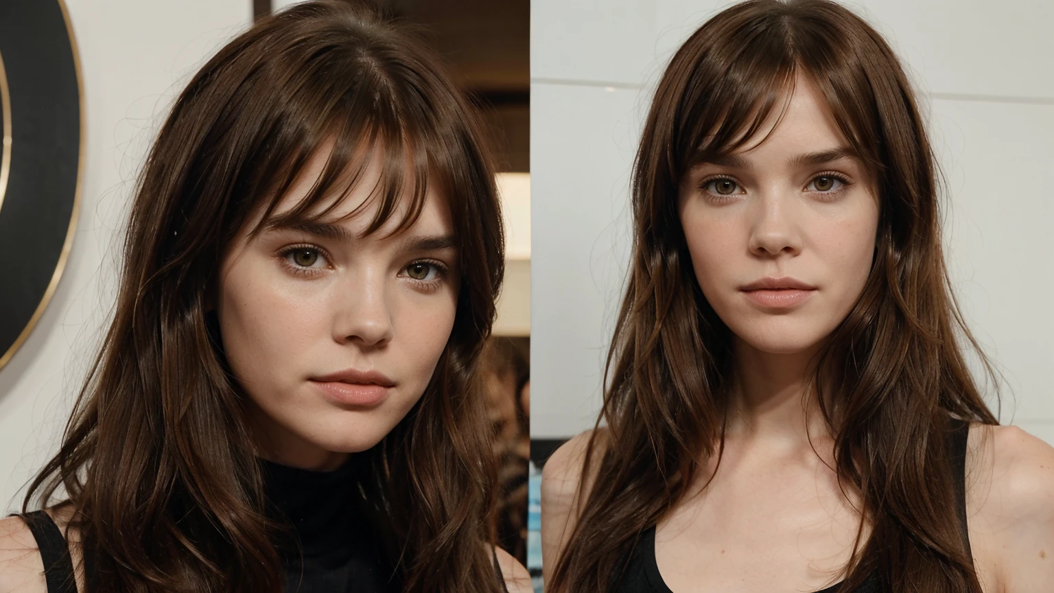 1girl, One Very thin skinny tall pretty skinny zoey deutch, 39 years old, mid long hair, bangs, fringe hair, chatain hair ,bangs hair falling over the forehead, heavy bangs, her hair looks like freja beha erichsen hair,