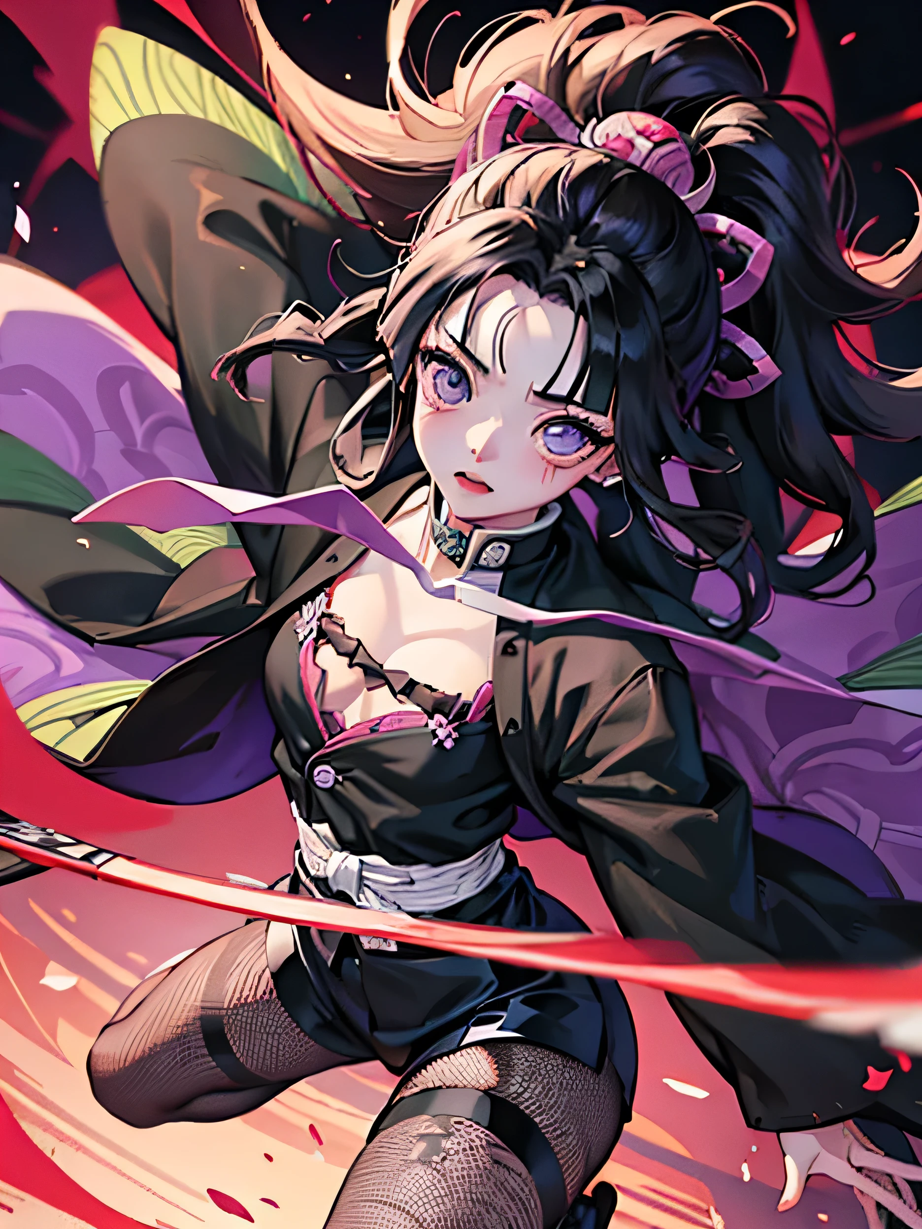 Red light district, Detailed Background, Beautiful thighs, Dark purple leggings, fit, wearing fishnet shirt, strip, Sexual pose, Evil look, Gray Hair, sexyな太もも, fishnet shirt, Anime Style 4k, 8k high quality detailed art, Enchanting anime girl, anime art wallpaper 4k, anime art wallpaper 4k, Detailed digital anime art, (((Kimetsu no Yaiba))), The devil's smile baring his fangs, Place one hand on hip, Long white hair, Yellow Eyes, Big earrings, nail, Burgundy leggings, Platform heel beach sandals, Something silver on your ankle, Perfect round breasts, Thick thighs, Big Ass, whole body, {Highly detailed 16K CG unit wallpaper}, Vast landscape photography, (Top view focusing on characters and setting), (Wide field of vision), (High angle shot), (highlight: 1.4), (Low Light: 1.2), (Warm light source: 1.7), Intricate details, (Rainbow colors: 1.8), (Bright lighting), (Lighting Atmosphere), dream-like, beautiful, sexy, nice,