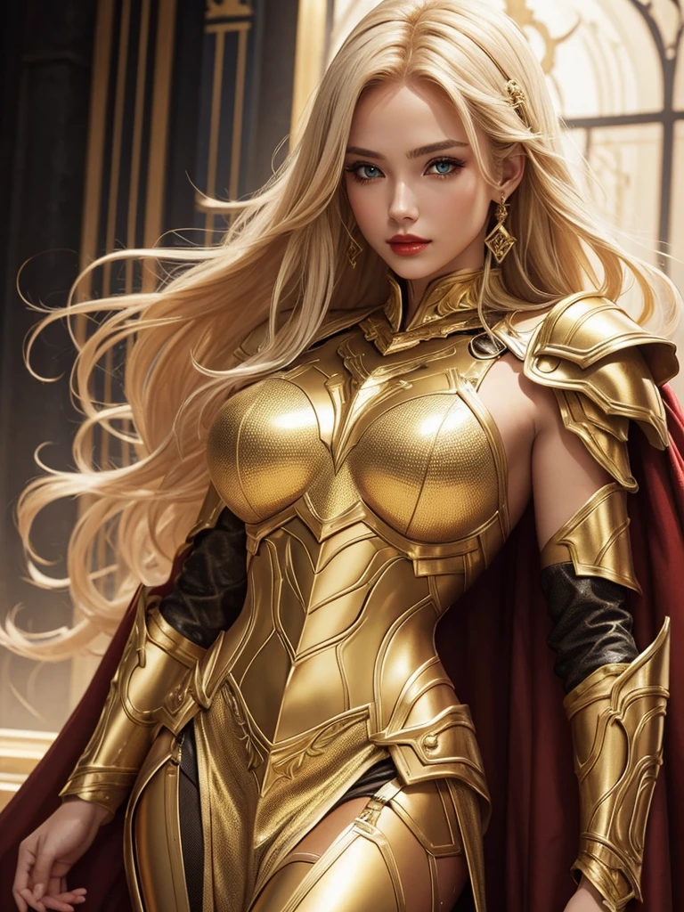 woman with golden skin, golden hair, with metallic armor, with details in white fabric, intense but sweet look, red lips