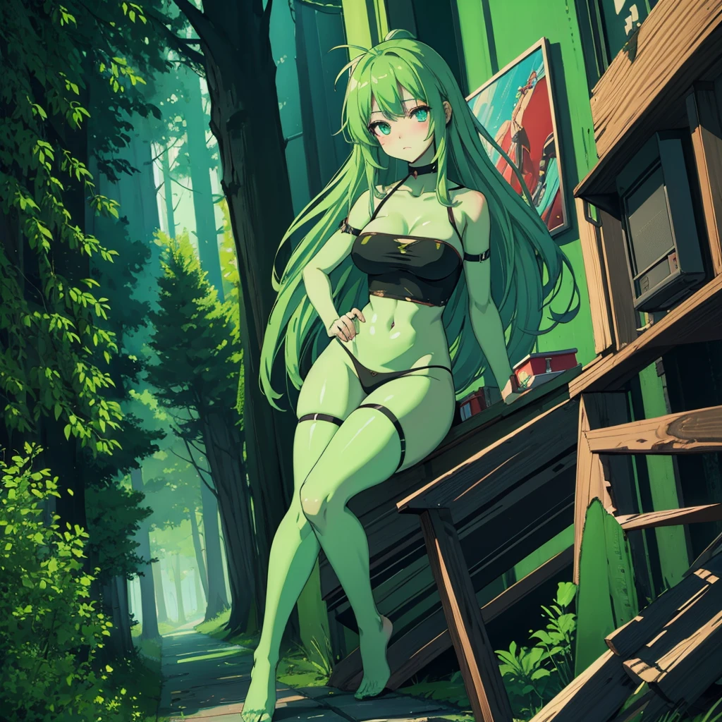 sexy anime girl, evergreen tree, hyperpop, glitchy, distorted, damaged, deep fried, full body shot