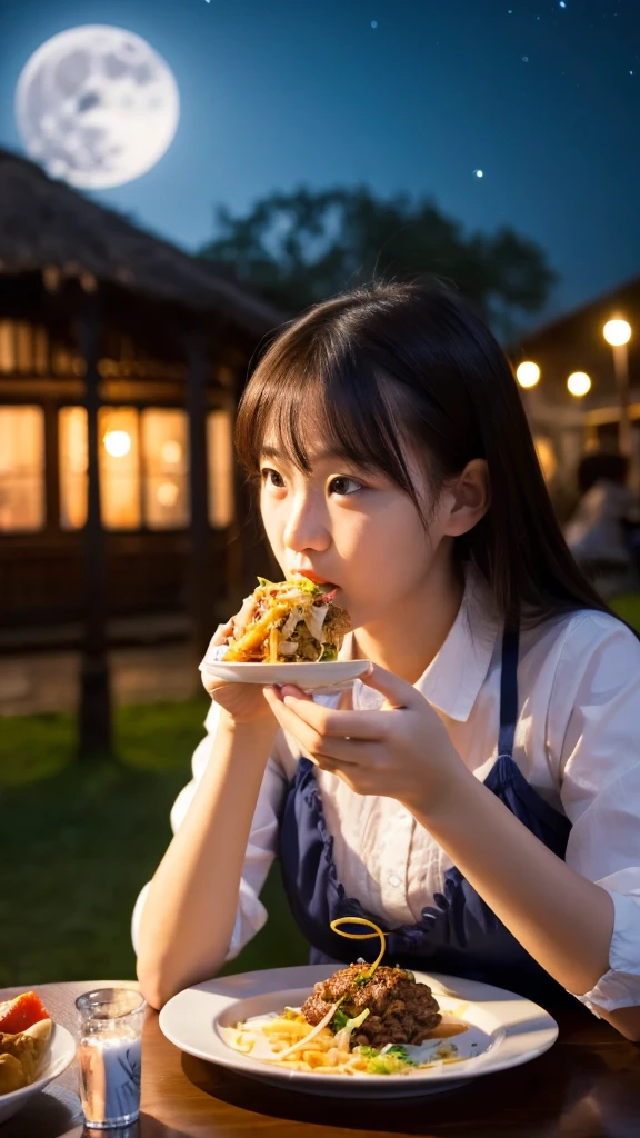((best quality)), ((masterpiece)), (detailed), 1girl, eating some traditional food, with background bright light of big moon