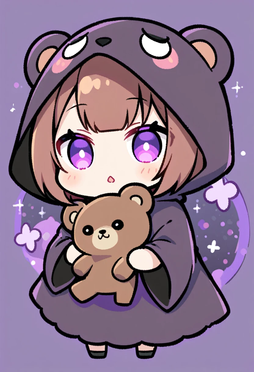 bangs bangs、Bangs、Crisp bangs、long brown hair、Wearing a dark brown bear hood、茶髪ロングのChibi Character、Wearing a dark brown bear ear hooded blanket、Purple Eyes、Purple betta background、Chibi Character、Holding a teddy bear、Bear face hood