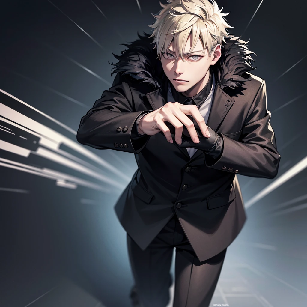 one japanese man, blonde hair, grey eyes, wearing a black fur coat, jujutsu kaisen background, high res, ultrasharp, masterpiece, jujutsu kaisen style