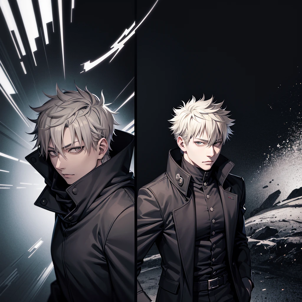 one japanese man, blonde hair, grey eyes, wearing a black fur coat, jujutsu kaisen background, high res, ultrasharp, masterpiece, jujutsu kaisen style