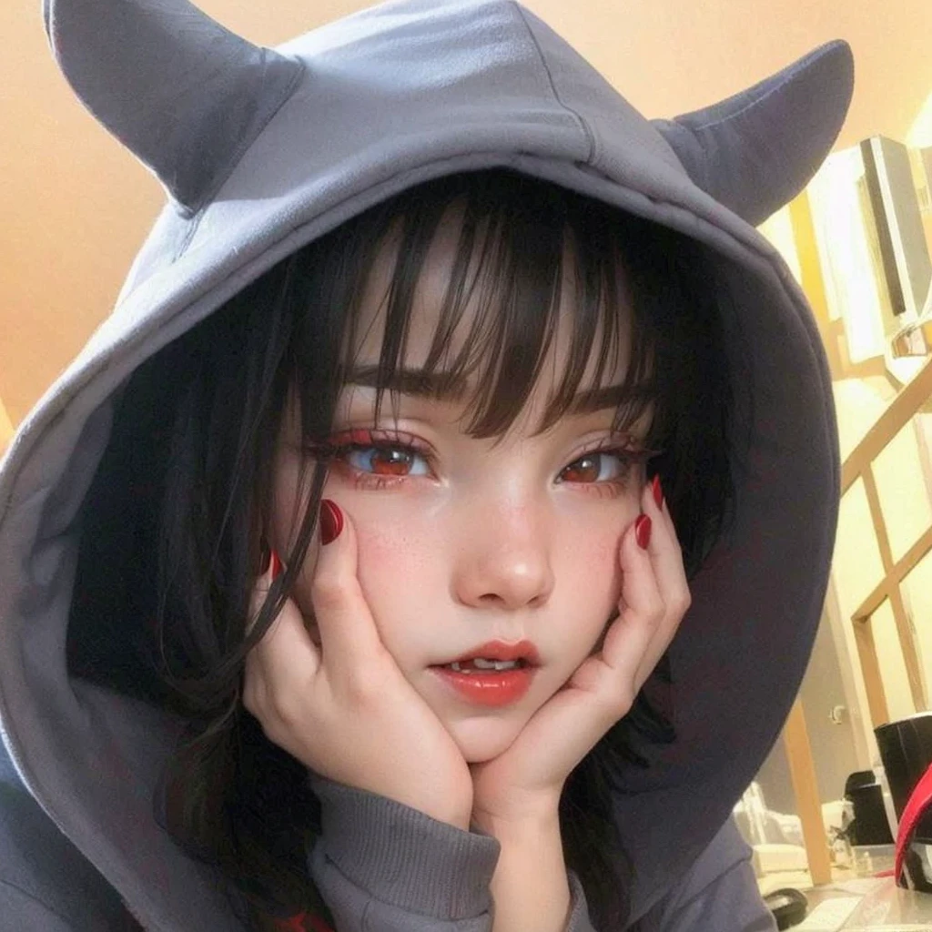 A girl wearing (((red))) hoodie with devil horn on it, red pupil, red lips with small fang