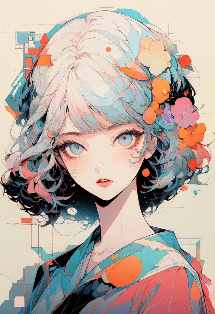 From a collage that mixes retro elements、Create dramatic contemporary digital art portraits。, Surrealism, And vintage aesthetics, Focus on intricate details、It depicts a beautiful woman&#39;s full body in a relaxed pose with a dramatic, neutral expression, Detailed Hand,blue eyes、Beautiful Eyes、Beautiful Eyes、Vivid Color
