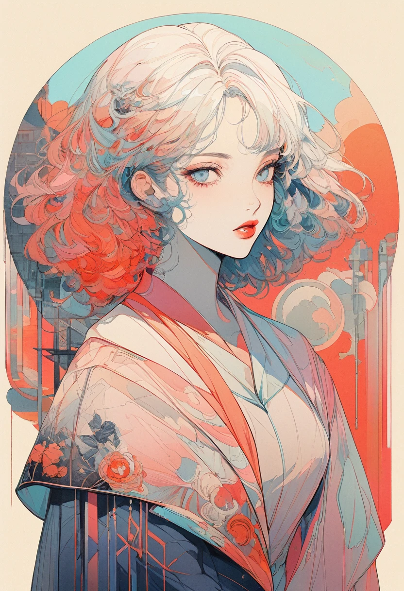 From a collage that mixes retro elements、Create dramatic contemporary digital art portraits。, Surrealism, And vintage aesthetics, Focus on intricate details、It depicts a beautiful woman's full body in a relaxed pose with a dramatic, neutral expression, Detailed Hand,blue eyes、Beautiful Eyes、Beautiful Eyes、Vivid Color
