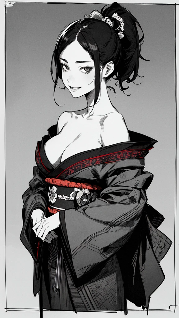 Best quality, (background detail), high contrast, very beautiful woman, detailed original illustration, functional, samurai, kimono, black hair, ponytail delicate face, charm, bad girl, sexy, real breasts, crazy smile, crazy eyes, black background, (black background: 1. 5), beautiful line drawing, monochrome