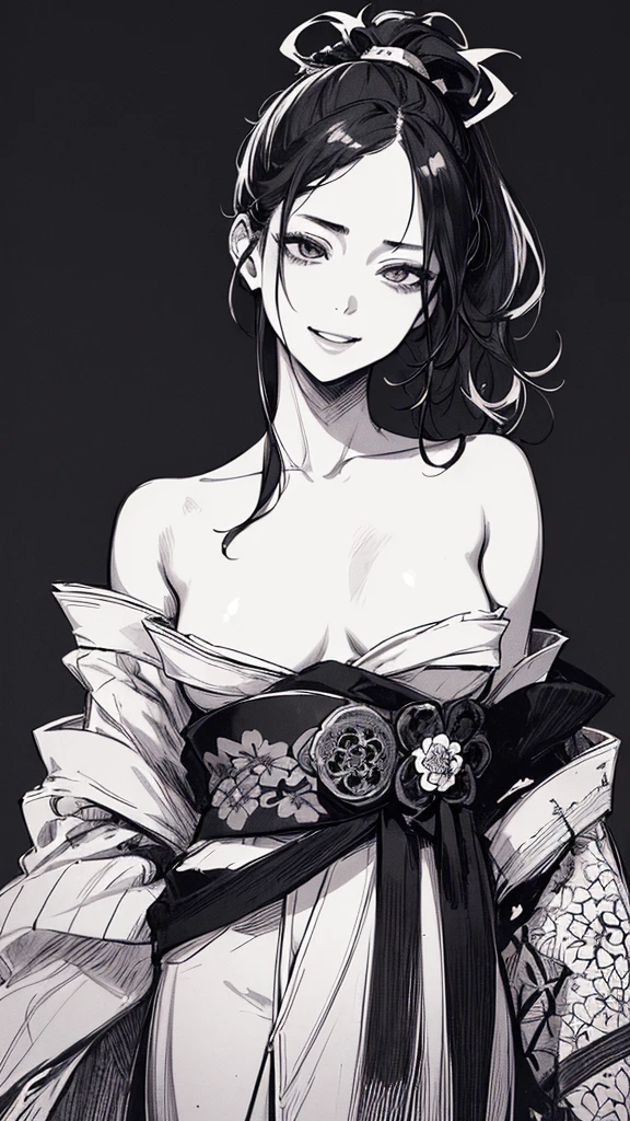 Best quality, (background detail), high contrast, very beautiful woman, detailed original illustration, functional, samurai, kimono, black hair, ponytail delicate face, charm, bad girl, sexy, real breasts, crazy smile, crazy eyes, black background, (black background: 1. 5), beautiful line drawing, monochrome