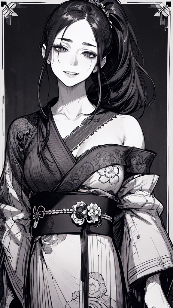 Best quality, (background detail), high contrast, very beautiful woman, detailed original illustration, functional, samurai, kimono, black hair, ponytail delicate face, charm, bad girl, sexy, real breasts, crazy smile, crazy eyes, black background, (black background: 1. 5), beautiful line drawing, monochrome