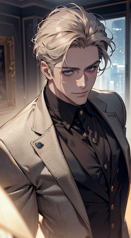 (best quality, masterpiece, 8K, photorealistic, cinematic lighting, 1:4 hdr image, top view, ultra detailed, beautiful image), a mature man, very handsome, short grey golden hair, blue eyes, perfect face without errors , ((buttoning his jacket, CEO)), smile in love.
