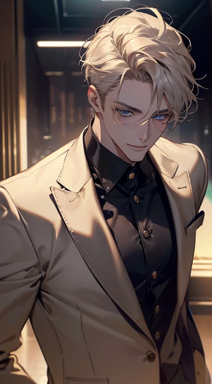 (best quality, masterpiece, 8K, photorealistic, cinematic lighting, 1:4 hdr image, top view, ultra detailed, beautiful image), a mature man, very handsome, short grey golden hair, blue eyes, perfect face without errors , ((buttoning his jacket, CEO)), smile in love.