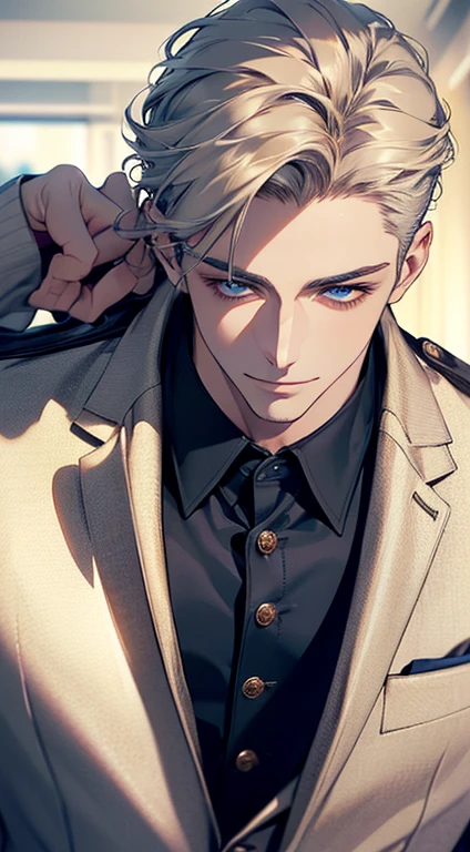 (best quality, masterpiece, 8K, photorealistic, cinematic lighting, 1:4 hdr image, top view, ultra detailed, beautiful image), a mature man, very handsome, short grey golden hair, blue eyes, perfect face without errors , ((buttoning his jacket, CEO)), smile in love.
