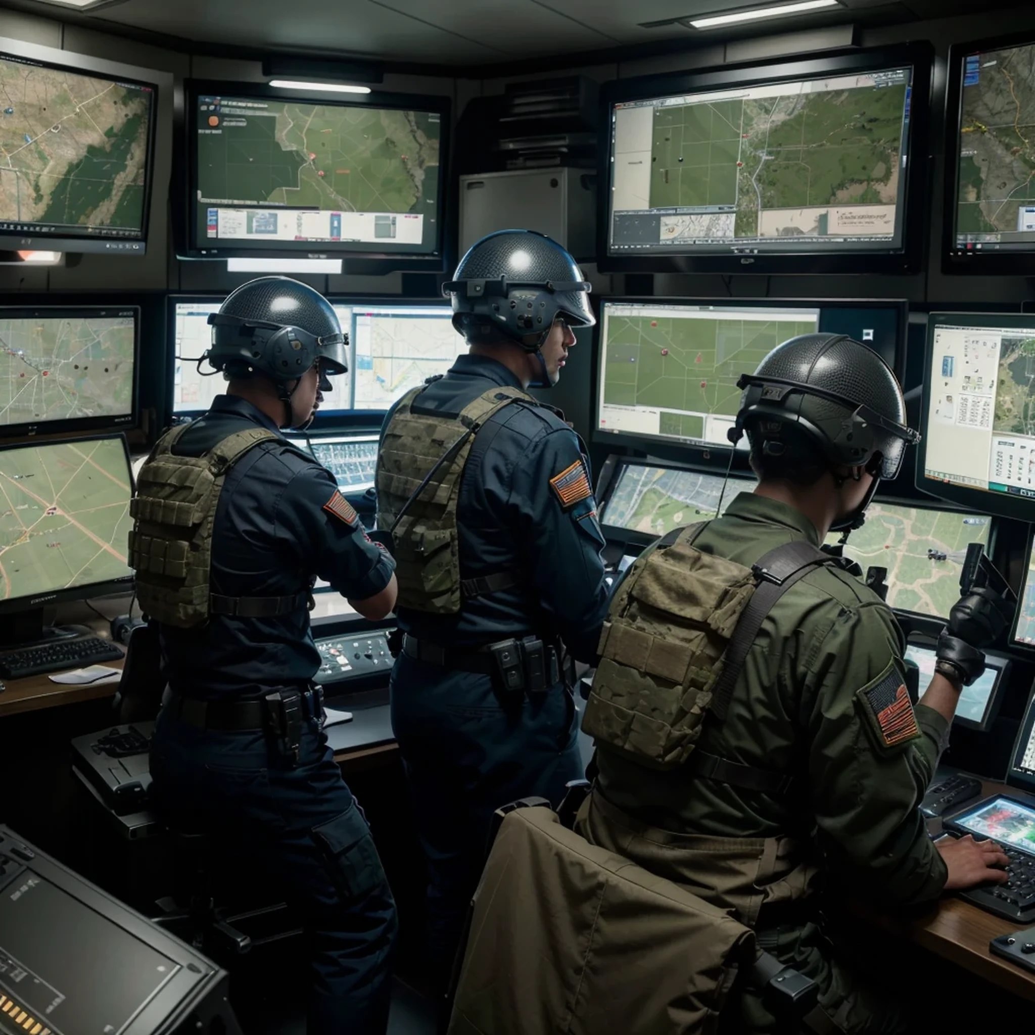 several American soldiers inside a monitor room, many computer monitors with blue radar images, control table, with keys and controls, the soldiers wear military helmets and bulletproof vests, 4k, ultra detailed image, realistic, very detailed , perfect composition, splendid, intricately detailed, incredibly detailed, art photography 8k, hyper detailed , Masterpiece, ultra detailed, hyper realistic, 4k , ultra detailed image, realistic, highly detailed, perfect composition, splendid, intricately detailed, incredibly detailed, Artistic photography in 8k, hyper detailed