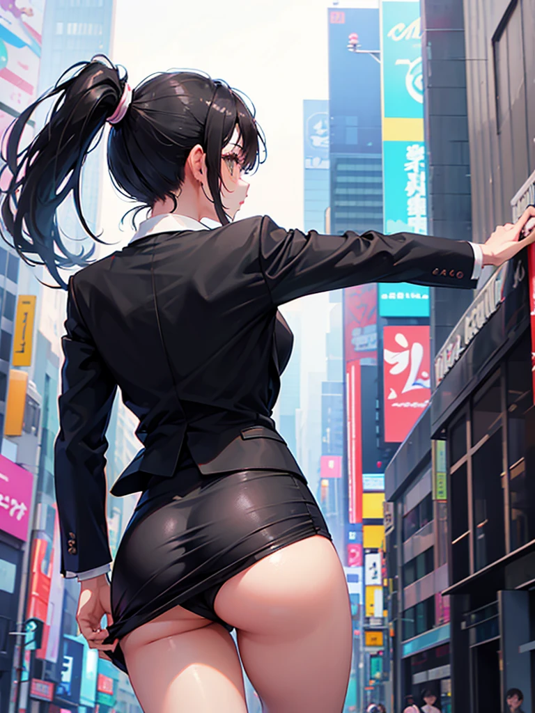 Shibuya、Black Hair、ponytail、((Panic))、running、Back view、Big butt、Wearing a suit