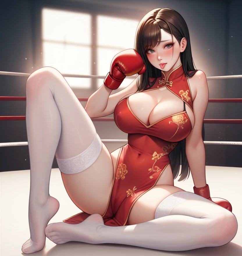 Korean beauty,18 years old,Pretty Face,Good shape,detailed picture, Shy expression,Stick out your tongue, blush,White long hair, Wearing cheongsam, Wear black garter stockings, Wearing boxing gloves,No shoes, Sitting Alone in the Boxing Ring,Extend your right foot towards the camera,Large Breasts,Cleavage,Long legs,Thin waist,nipple,