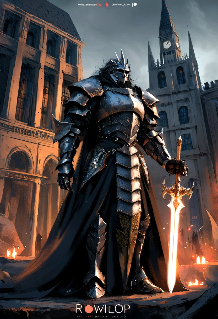 anime character with sword standing in front of a building, fallen knight, from arknights, gothic knight, evil knight, the style of wlop, fantasy knight, knight, royal emperor, dark souls knight, off-white plated armor, wearing heavy armor with cape, black heavy armor with gold trim, smooth anime cg art, artorias, glowing sword, Clock themed armor, Lion Man, Leonin, Lion person