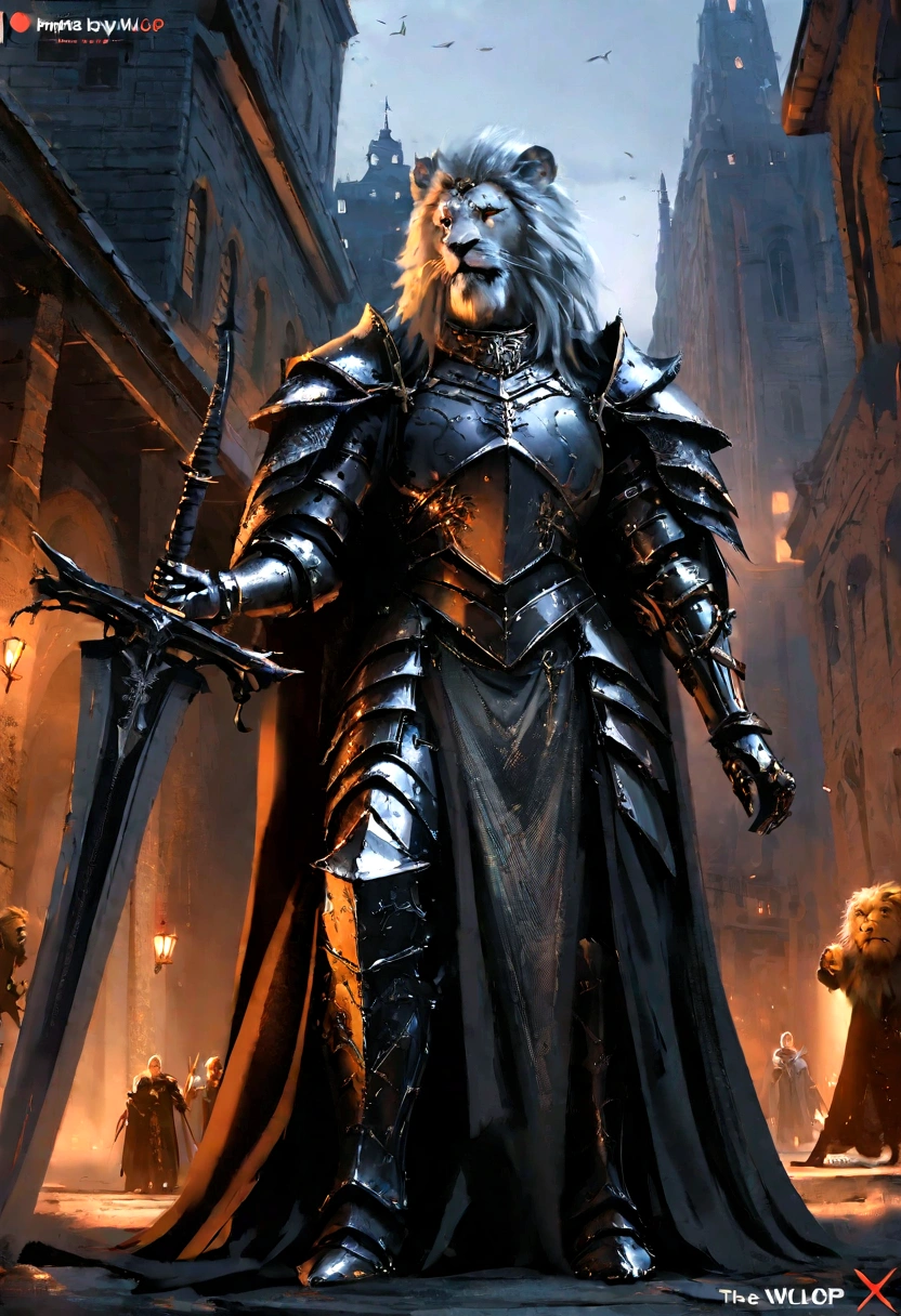 anime character with sword standing in front of a building, fallen knight, from arknights, gothic knight, evil knight, the style of wlop, fantasy knight, knight, royal emperor, dark souls knight, off-white plated armor, wearing heavy armor with cape, black heavy armor with gold trim, smooth anime cg art, artorias, glowing sword, Clock themed armor, Lion Man, Leonin, Lion person