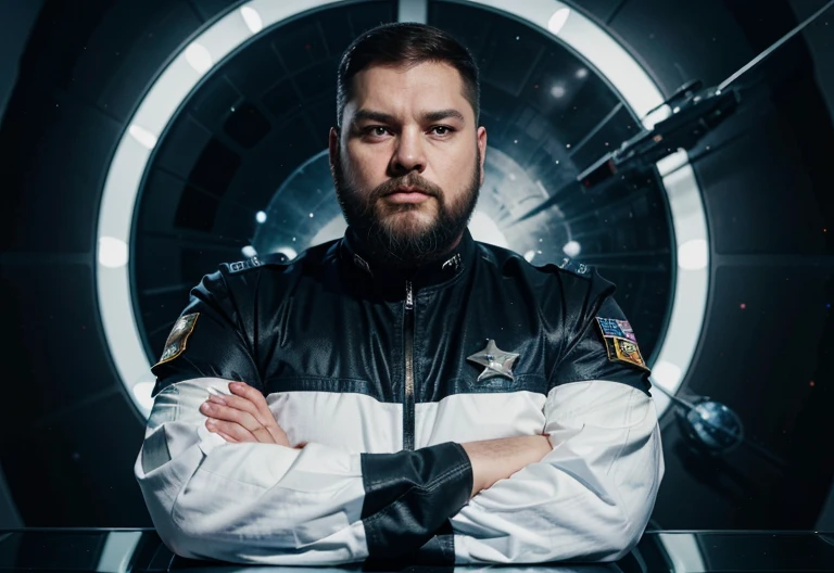 The space general wears a futuristic uniform, he is fat bearded, long sleeve uniform , he has his arms crossed seriously, speaking to the viewer, He wears a white general's hat on his head.