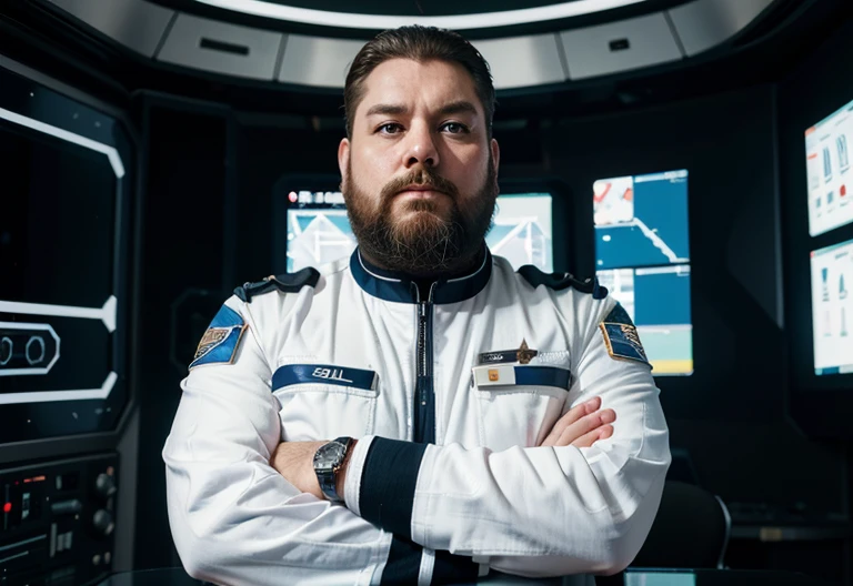 The space general wears a futuristic uniform, he is fat bearded, long sleeve uniform , he has his arms crossed seriously, speaking to the viewer, He wears a white general&#39;s hat on his head.