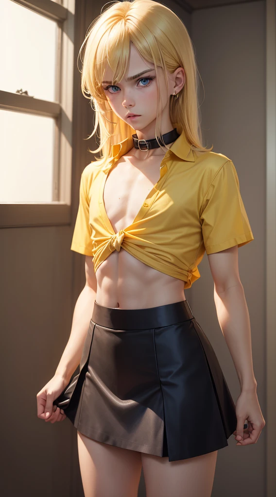 blonde boy, blue eyes, femboy, skirt, tight shirt, flat chest, medium hair, mullet, wearing yellow, mean glare. thin shirt, nipples, collar,