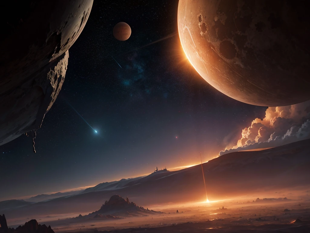 a huge planet with a glowing sun, detailed planetary surface, stunning celestial landscape, dramatic lighting, epic space opera, cinematic composition, muted color palette, moody atmosphere, 8k, hyper detailed, photorealistic, digital painting