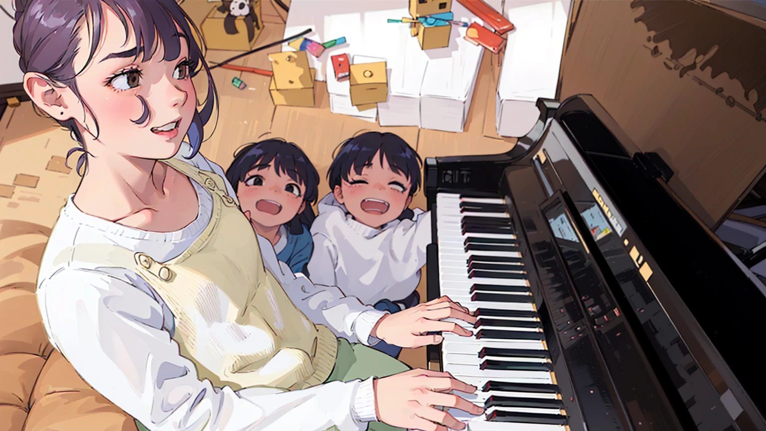 there are three The kids playing a piano together in a room, play the piano, The kids, beginner, The kids's, only, pianist, Warm and fun atmosphere, Award-winning works, Aoi Ogata, Nishimiya Shoko, Great composition, Photo taken with Nikon D750, Photo taken with Nikon D750, tsugumi ohba