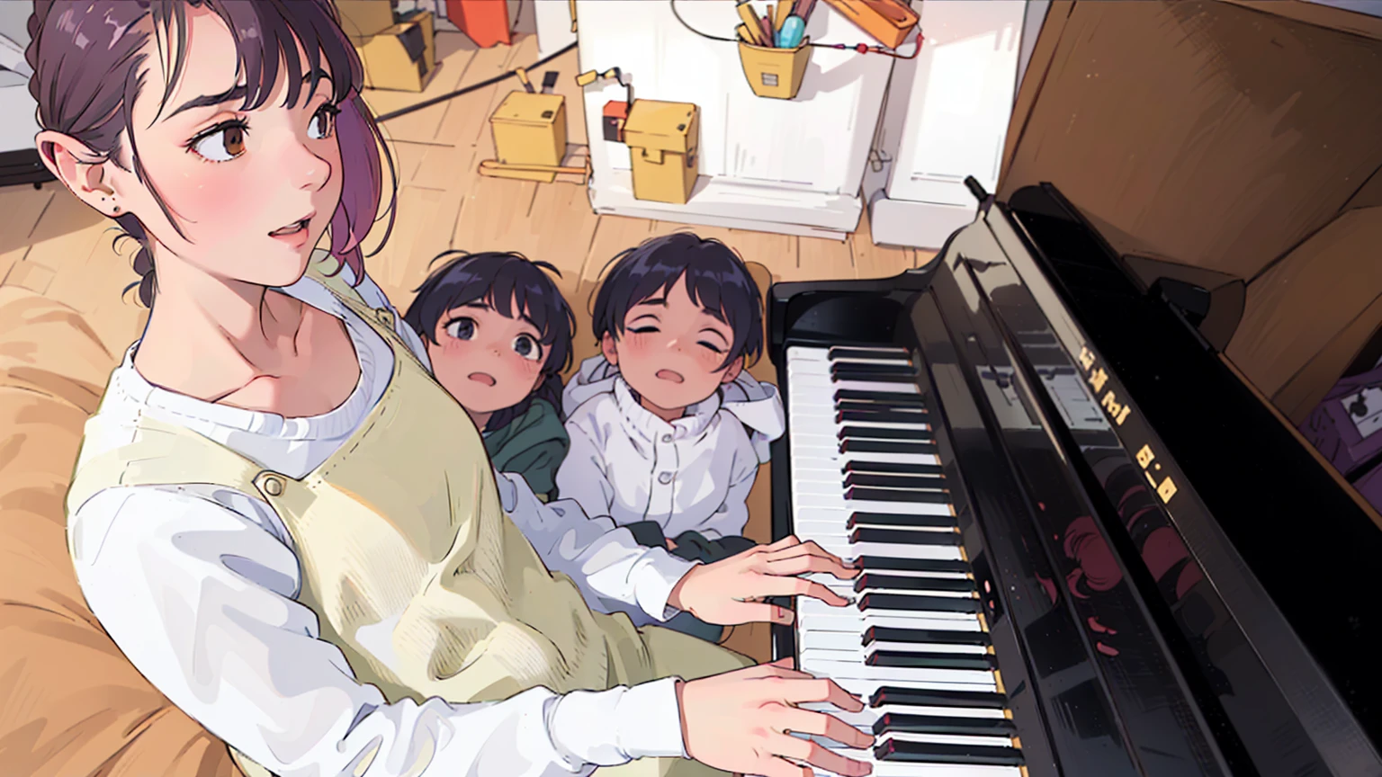 there are three The kids playing a piano together in a room, play the piano, The kids, beginner, The kids's, only, pianist, Warm and fun atmosphere, Award-winning works, Aoi Ogata, Nishimiya Shoko, Great composition, Photo taken with Nikon D750, Photo taken with Nikon D750, tsugumi ohba