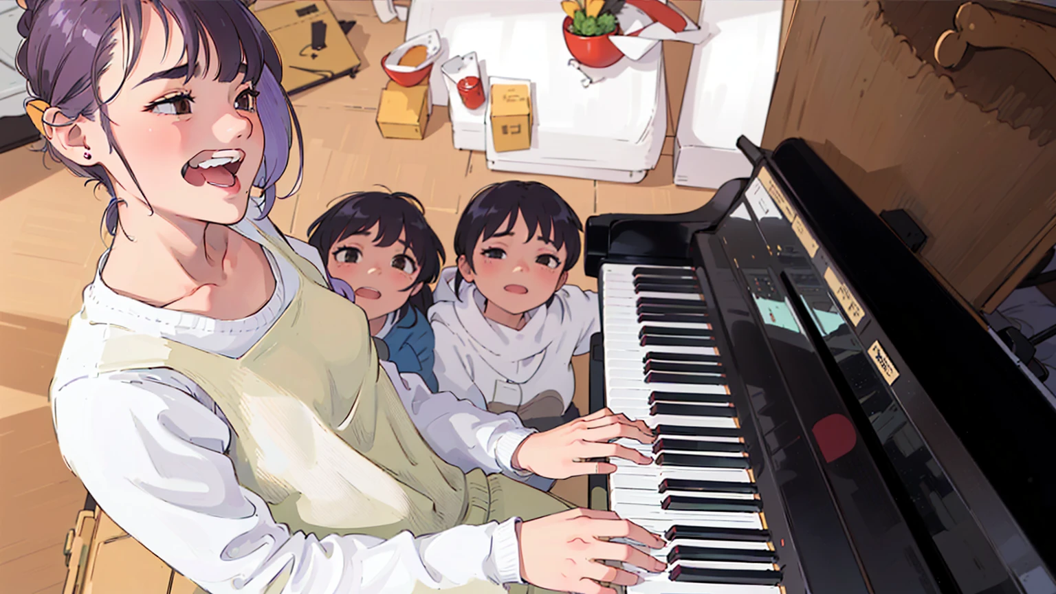 there are three The kids playing a piano together in a room, play the piano, The kids, beginner, The kids's, only, pianist, Warm and fun atmosphere, Award-winning works, Aoi Ogata, Nishimiya Shoko, Great composition, Photo taken with Nikon D750, Photo taken with Nikon D750, tsugumi ohba