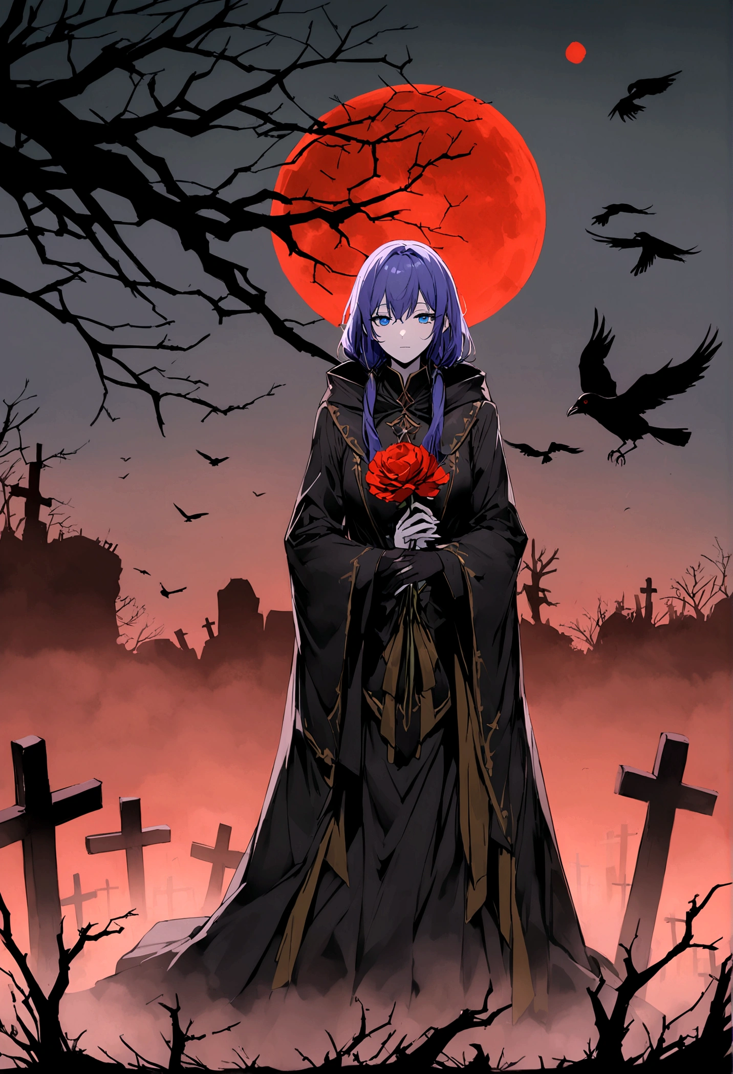 長い髪のbeautifulアニメ風の美女, (((Purple-blue hair)))Gold decoration,(((Highest quality)))Transparent Hair,Face of Sadness,(((blue eyes)))A beautiful woman filled with sorrow,(((Beauty with perfect body shape)))Big Breasts,(((Provocative Black and Grey Priest)))Immoral Clergy(((beautiful)))Pale skin,(((Glossy feel)))Full Body Shot,Crow,(((background)))dead tree,fog,Red Moon,Mysterious flower,Graveyard of Darkness。