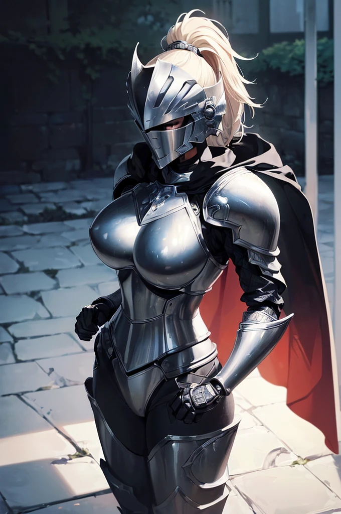 (masterpiece; best quality: 1.2), ((full armored knight woman)), ((solo)), (black eyes: 1.4), (body; toned, strong, femenine: 1.3), (beautiful and clear background: 1.2), ((depth of field)), (equipment: full plate full-black realistic armor + closed helmet with plume + black cape: 1.3), (anime illustration: 1.2), (background composition; garden exterior + furniture: 1.1), (extremely fine and beautiful: 1.1), (shot composition; standing + centered on torso + close-up: 1.5)
