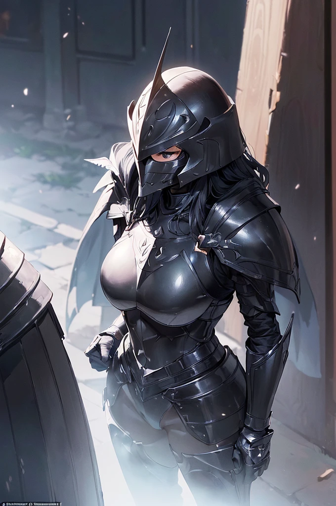 (masterpiece; best quality: 1.2), ((full armored knight woman)), ((solo)), (black eyes: 1.4), (body; toned, strong, femenine: 1.3), (beautiful and clear background: 1.2), ((depth of field)), (equipment: full plate full-black realistic armor + closed helmet with plume + black cape: 1.3), (anime illustration: 1.2), (background composition; garden exterior + furniture: 1.1), (extremely fine and beautiful: 1.1), (shot composition; standing + centered on torso + close-up: 1.5)