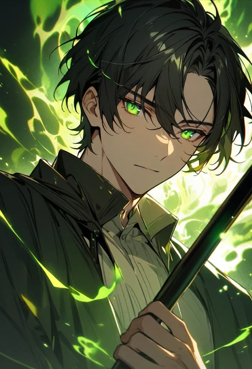 Man, short hair, black hair, green eyes, glowings eyes, green aura, brown aura, handsome, high quality, black stick