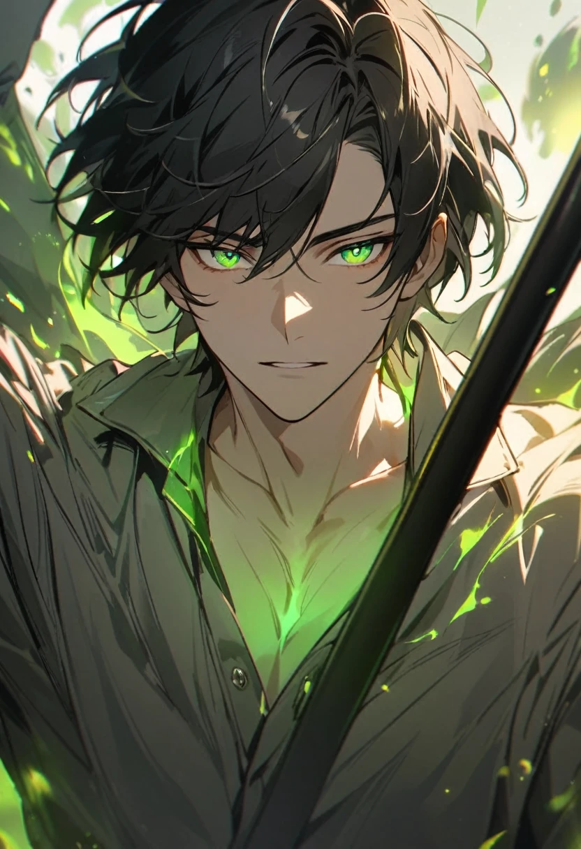 Man, short hair, black hair, green eyes, glowings eyes, green aura, brown aura, handsome, high quality, black stick