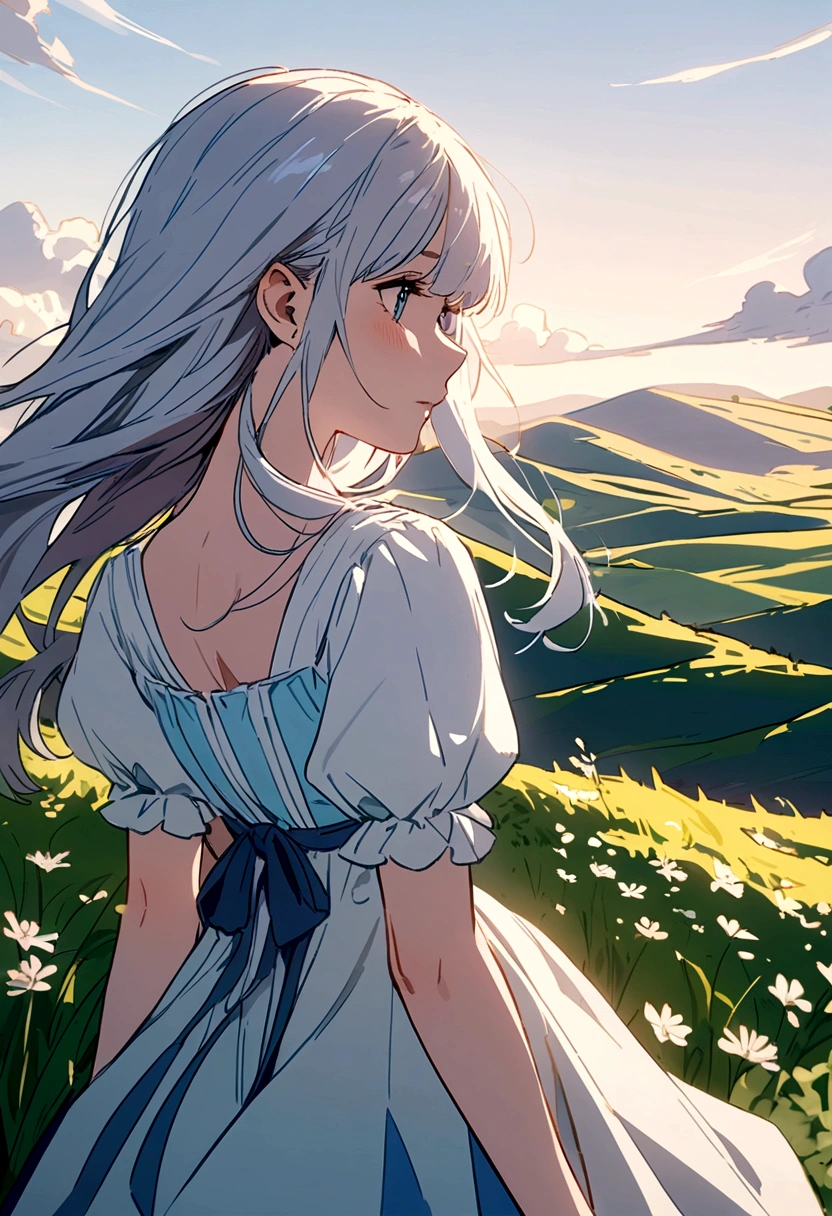 A beautiful girl named Lena was walking on the hill. 