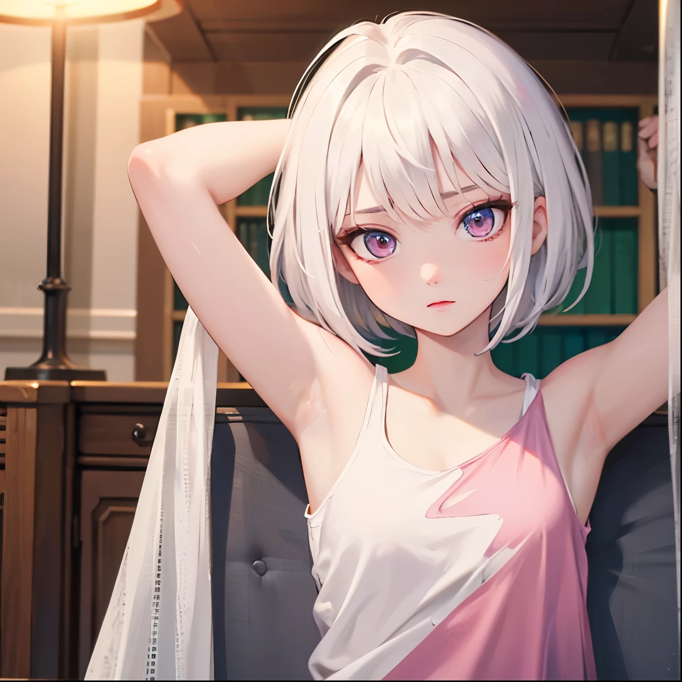 ((best quality)), ((masterpiece)), (detailed), 1girl, Tanktop. White hair. Short hair. Pink eyes. Armpit.