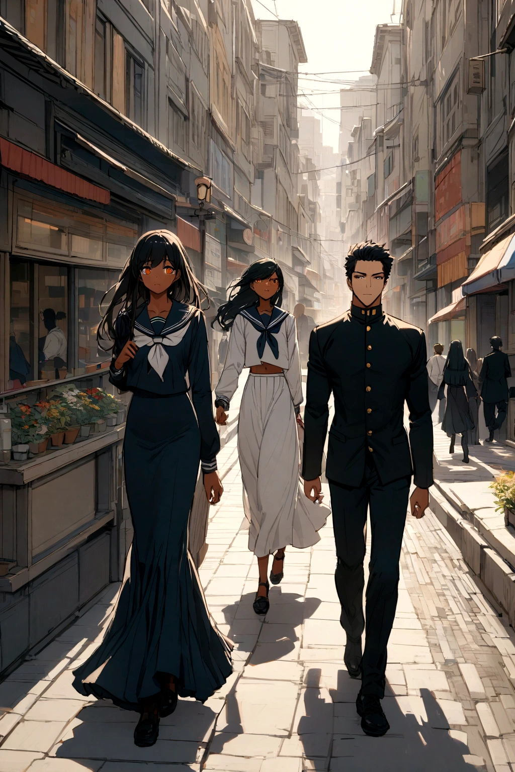A handsome boy with tan skin, black hair and orange eyes wearing a gakuran while walking With his girlfriend with black hair and light skin and long eyes who was wearing a sailor fuku with a long skirt, while they were going through the city