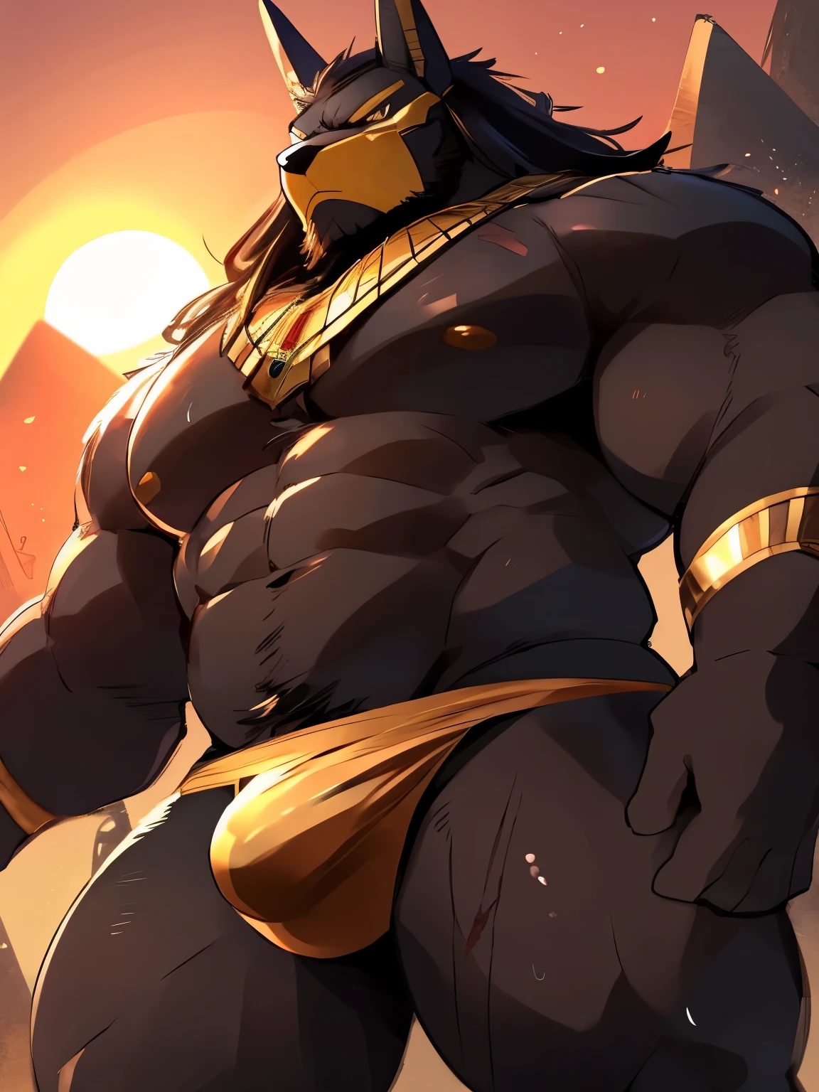 Muscular, male, furry, fluffy, Covered scars, bare chest, hot, (wet: 1.3), abs, wide body, egyptian jewelry, egyptian armor, Looking at viewers, thick beard , (bara pecs: 1.1), anthro jackal, anubis mask, black body, black furr chest, wide body, (big chest: 1.3) , thick thighs, thong, (bulge: 1.1), barely visible genitals, detailed genitals outline , intimidating frown expression, gold nipples ring, dark dramatic lighting, sunset, low angle, dutch angle, by hyaku , by darkgem