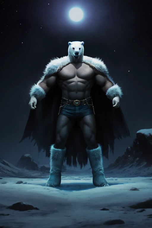 Polar bear stands looking at the sky Medium muscular, frozen planet setting, snowstorm , zoomed in on crotch, , chunie, darkgem, He uses an old, torn blanket made of animal hide as a garment for his body.
