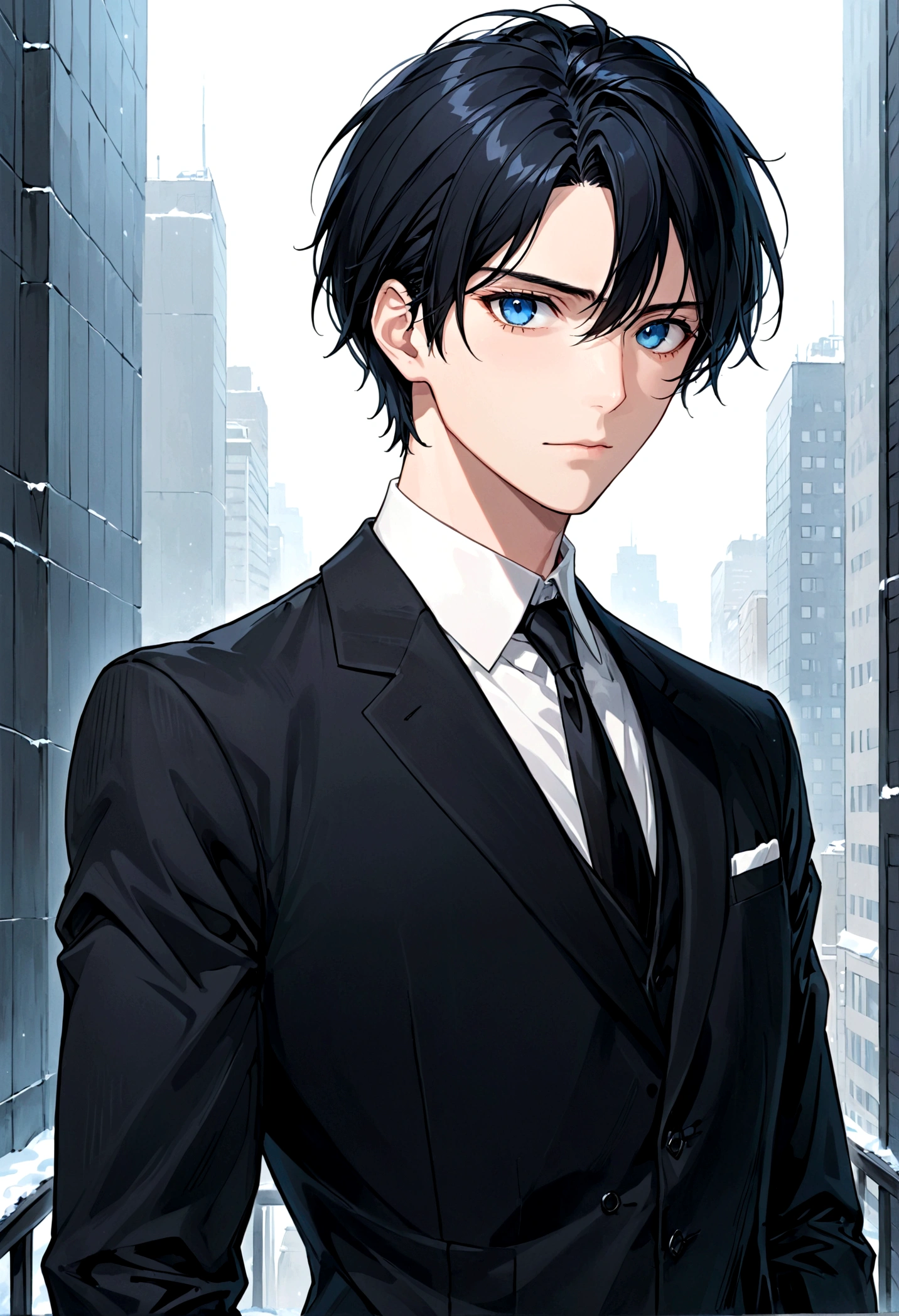 Male, cool, black hair, blue eyes, short hair, black suit, formal, cold character, potrait, aesthetic, manhwa, tall guy, cool hair