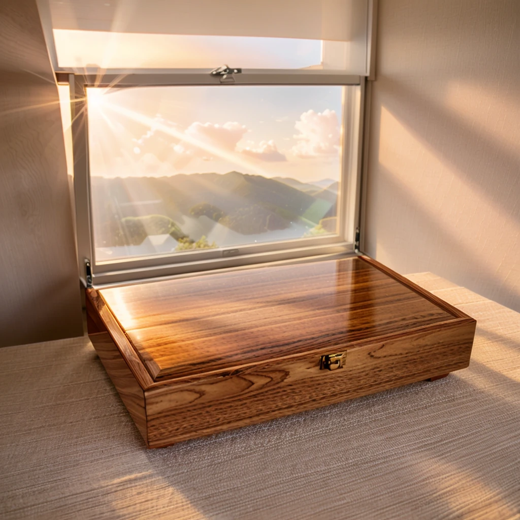 In this cozy room,A ray of sunlight shone through the half-drawn curtains on the table,Let the wood grain on the watch storage box shine with a faint luster。There was a calm and peaceful atmosphere in the air around them。There are several still lifes hanging on the walls of the room,It adds a touch of elegance to the space。And on the other side of the room,The half-open window lets in the breeze,The pages on the small desk by the window turned in the wind,This quiet scene gives a sense of tranquility and comfort。