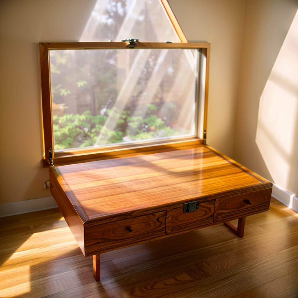 In this cozy room，A ray of sunlight shone through the half-drawn curtains on the table，Let the wood grain on the watch storage box shine with a faint luster。There was a calm and peaceful atmosphere in the air around them。There are several still lifes hanging on the walls of the room，It adds a touch of elegance to the space。And on the other side of the room，The half-open window lets in the breeze，The pages on the small desk by the window turned in the wind，This quiet scene gives a sense of tranquility and comfort。
