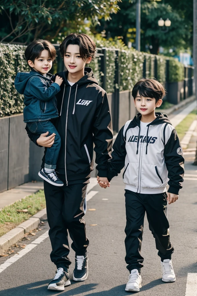 Lee know stray kids with a baby on a walk