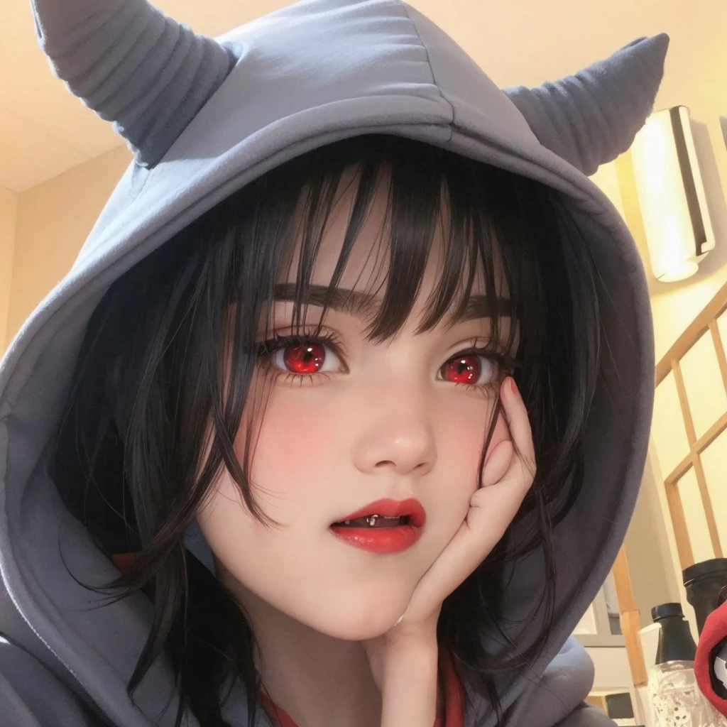 A girl wearing (((red))) hoodie with devil horn on it, red pupil, red lips with small fang