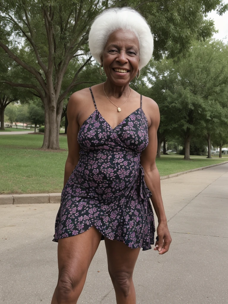 Androeda, solo, realistic, black girl, ((85-year-old girl)), ((mature)), ((old woman)), ((wrinkled woman)), african american old woman, old black woman, dark-skinned, (((upper body and upper legs))), ((outside city park)), ((wide shot)), smiling, wearing white wrap dress, white hair