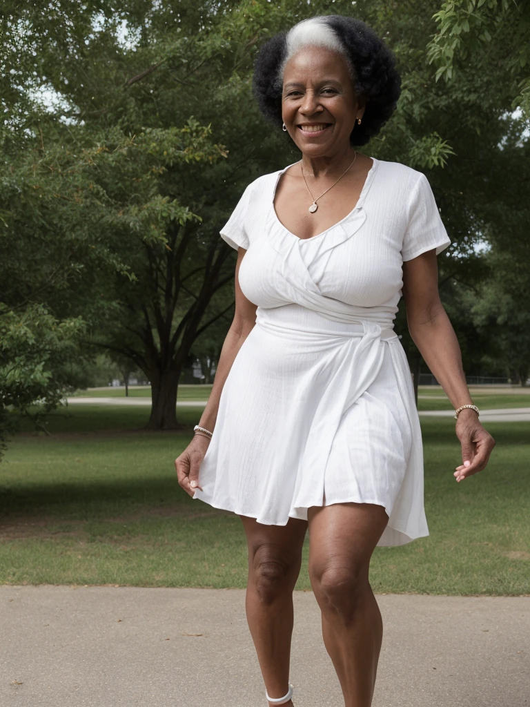 Androeda, solo, realistic, black girl, ((85-year-old girl)), ((mature)), ((old woman)), ((wrinkled woman)), african american old woman, old black woman, dark-skinned, (((upper body and upper legs))), ((outside city park)), ((wide shot)), smiling, wearing white wrap dress, white hair