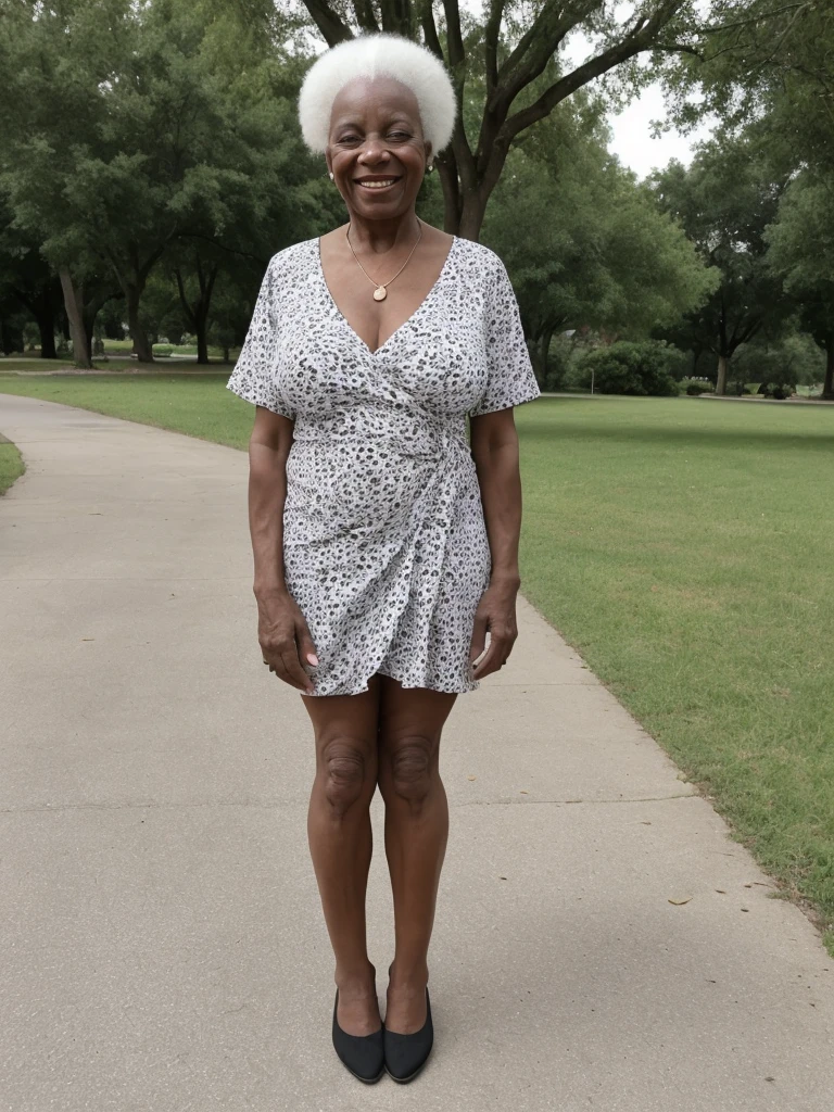 Androeda, solo, realistic, black girl, ((85-year-old girl)), ((mature)), ((old woman)), ((wrinkled woman)), african american old woman, old black woman, dark-skinned, (((upper body and upper legs))), ((outside city park)), ((wide shot)), smiling, wearing white wrap dress, white hair