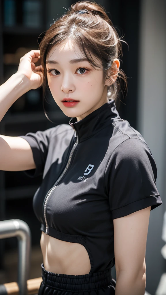 Highly detailed CG Unity 8K wallpapers,top Quority,Super detailed,tmasterpiece,realisticlying,photograph realistic,Very detailed cute girl,25 age old,musculature,Microabs,Round eyes,peeping at the viewer,Be red in the face,parted lip,Half-body shooting,
track suit , gym room,short hair