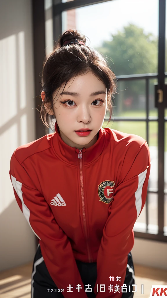 Highly detailed CG Unity 8K wallpapers,top Quority,Super detailed,tmasterpiece,realisticlying,photograph realistic,Very detailed cute girl,25 age old,musculature,Microabs,Round eyes,peeping at the viewer,Be red in the face,parted lip,Half-body shooting,
track suit , gym room,short hair