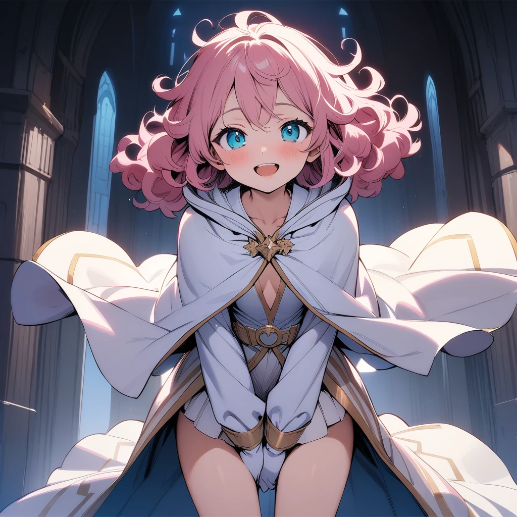 (masterpiece),(best quality),very aesthetic,(ultra-detailed),(illustration),nsfw,1girl,18yo,slender,pink hair,curly hair,fluffy hair,(Hair is frizzy upward),short hair,disheveled hair,aqua blue eyes,light smile,open mouth,happy,humble,white wizard robe,white glove,white skirt,Cloak fastened with gold ornamental buckle in front,white wizard cloak with gold trimmed,standing,castle,arms between legs,Fluffy gray boots,Gold belt around the waist,cowboy shot